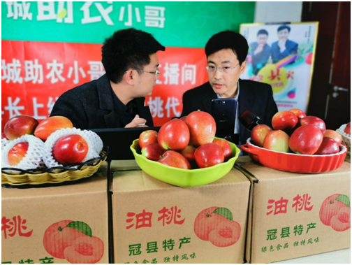 중국 산동성 관셴현(冠县, 산동성 서부지역 소재) 현위 상무위원이며 부현장이 해당 지역 농산품을 라이브 방송을 통하여 판매하고 있는 모습, 사진출처=신랑웨이보