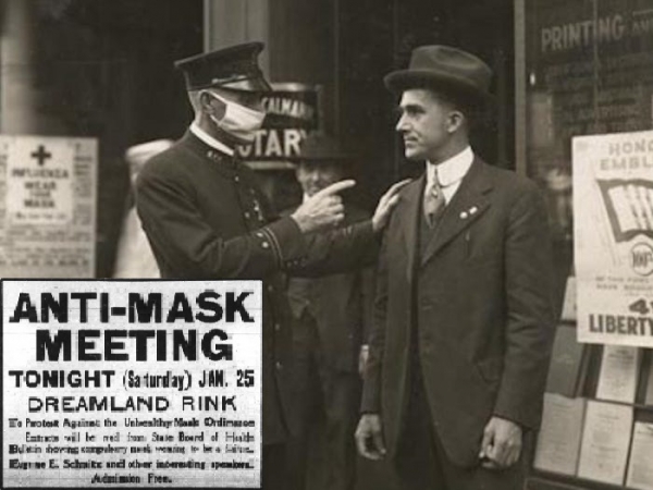 미국 플로리다주에서도 이달 초 마스크 착용 의무화에 반대하는 시위가 있었다. '비즈니스인사이더'에 따르면, 1918년 스페인 독감이 번졌을 당시 미국에서는 마스크를 미착용한 시민을 연행하는가 하면 이에 반대하는 ‘안티 마스크 미팅(괄호안)’도 있었다고(사진= www.businessinsider.com 갈무리)