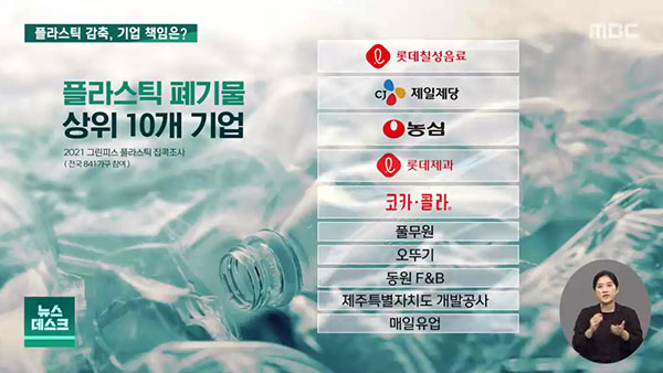 플라스틱 폐기물 배출 10개 회사, 출처 : MBC 뉴스 2022. 09. 17