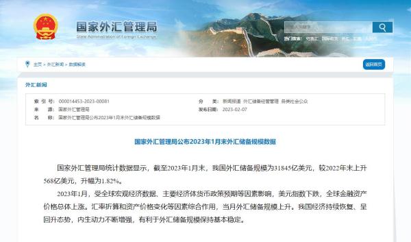중국국가외환관리국에서 지난 1월 31일자 외환보유고를 발표했다. 사진제공=黑龙江日报