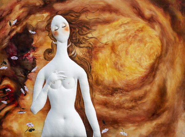 여인의 탄생 The birth of Woman130.3x97Acrylic on canvas,Fabric,lacqer.2021.simon (2) / 작가 제공