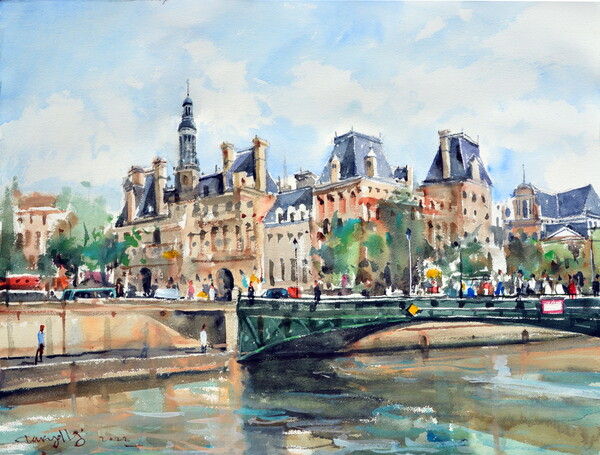 Pont d'Arcole, Paris, 파리시청과 아르꼴 교, 파리, 76 x 57 cm, watercolor on paper, 2022 / 작가 제공