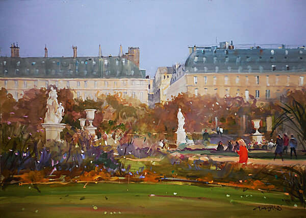 Jardin des  Tuileries avec sculptures 튈르리 정원의 가을, 100 x 70.5 cm, gouache on paper, 2023 / 작가 제공