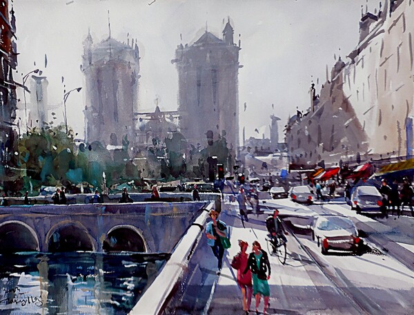 Pont de Notre Dame 노틀 담 교 파리지앵들, 76.5 x 56.cm, watercolor on paper, 2023 / 작가 제공